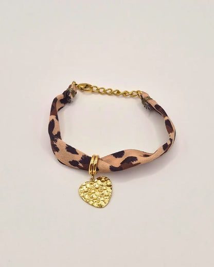 Bracelet Tissu Léopard & Pampille Cœur Texturé L'Atelier d'Elya
