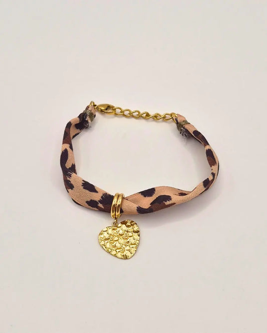 Bracelet Tissu Léopard & Pampille Cœur Texturé L'Atelier d'Elya