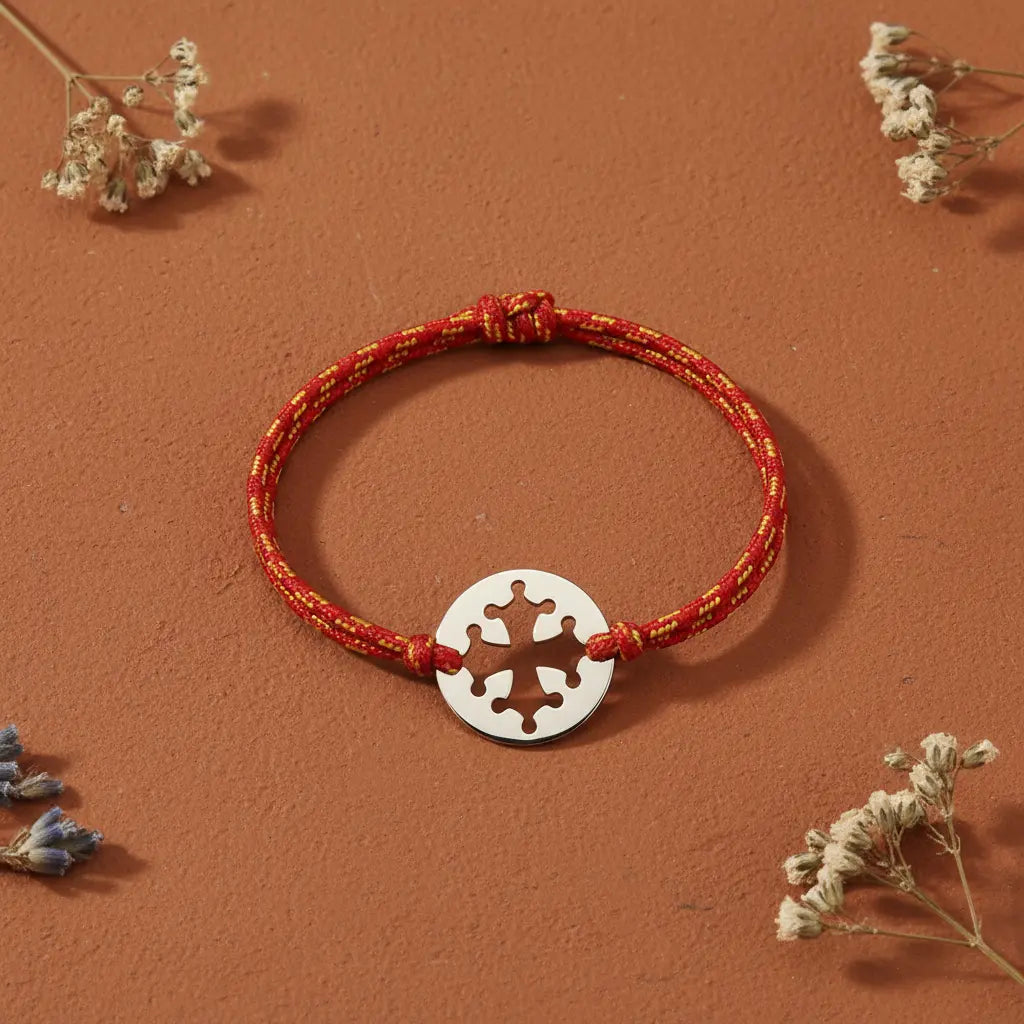 Bracelet cordon rouge jaune croix occitane flat lay - L'Atelier d'Elya